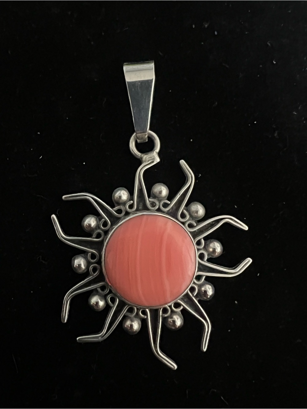 sterling Silver vintage MEXICO Sunburst Pendant with pink coral